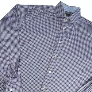 Thomas Dean Mens Large Blue Plaid Dress Shirt Button Down Made in Italy Stylish
